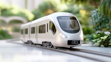 Naklejka premium Modern train in lush garden setting