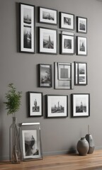 Sleek gallery wall mockup; diverse frame sizes, orientations, stylish decor ,  minimalist,  picture frames