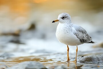 Obraz premium Detailed Portrait of a Seagull Standing on Rocky Shore with Soft Lighting