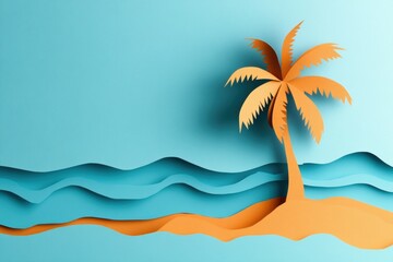 Obraz premium abstract background made from paper cut. Copy space over paper and blank space area for mockup or overlying text. paper layer shape are one coconut tree on the beach