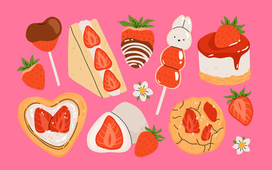 Strawberry set. Summer sweets and desserts with taste of strawberries. Chocolate strawberry, cookie, sandwich, mochi, cheesecake, tanghulu. Flat Vector illustration with flowers and leaves.