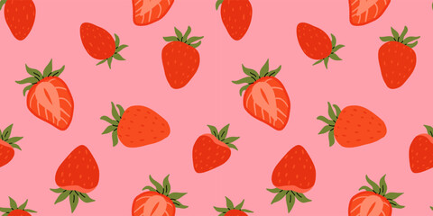 Seamless pattern with strawberries on pink background. Cute colorful spring pattern for fabric, wrapping paper, clothes.