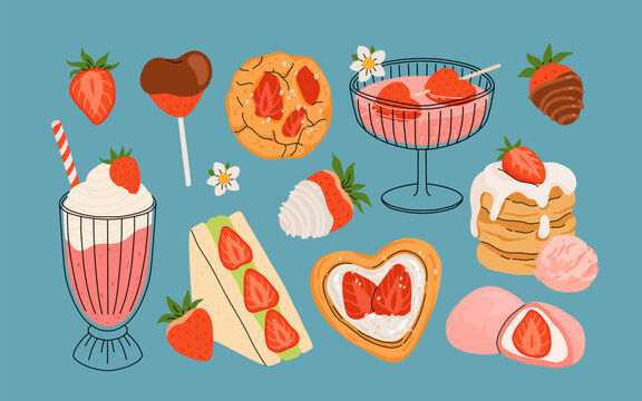 Strawberry set. Summer refreshing drinks, sweets and desserts with taste of strawberries. Chocolate strawberry. Flowers, petals, strawberries. Flat Vector hand drawn cartoon illustration isolated