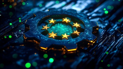 Glowing gear with golden stars on digital circuit board symbolizing high tech performance system innovation and quality technology

