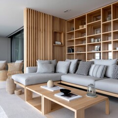 Open-concept living area showcasing integrated shelving, a clean aesthetic and natural wood accents - clean open inspiration zone and airy
