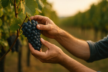Vineyard Harvest: A close-up of hands carefully inspecting a cluster of ripe grapes in a vineyard, symbolizing the anticipation of a bountiful harvest. 