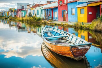 Fototapeta premium Boat on water with colorful houses on white background