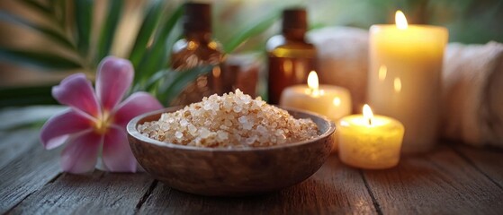 Relaxing Spa Treatment: Aromatic Candles, Bath Salts, and Flowers