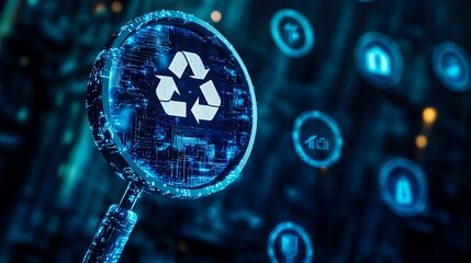 Digital magnifying glass focusing on recycling symbol representing eco technology environmental protection and sustainability concept

