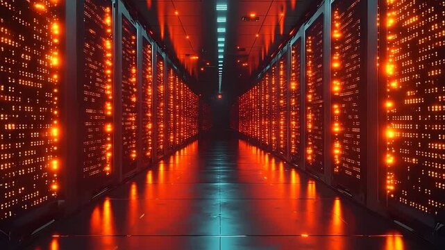 Glowing high tech quantum computer room with suspended qubit arrays