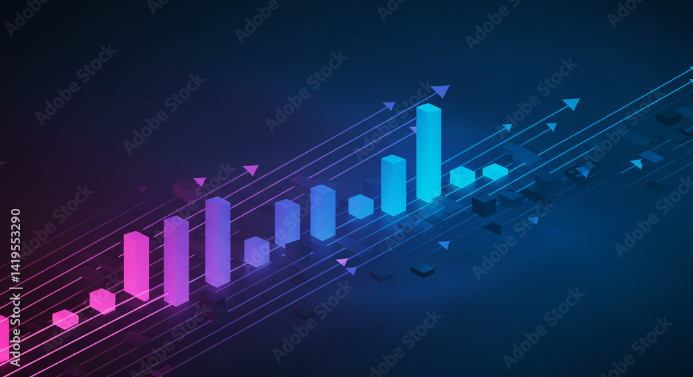 Aufkleber a futuristic bar graph with upward trending arrows and a neon color gradient on a dark blue backgrou