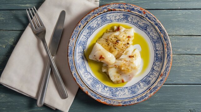 Authentic Spain lunch of bacalao al pil pil artisan plate with olive oil and garlic top down view soft napkin and cutlery details