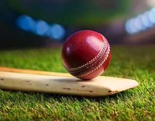 close-up of a cricket ball placing on a cricket bat on a green field