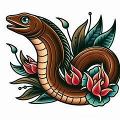 Obraz premium Classic Eel Tattoo Design with Botanical Accents and Smooth Shading