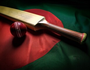 a cricket bat and ball placing on a bangladesh flag