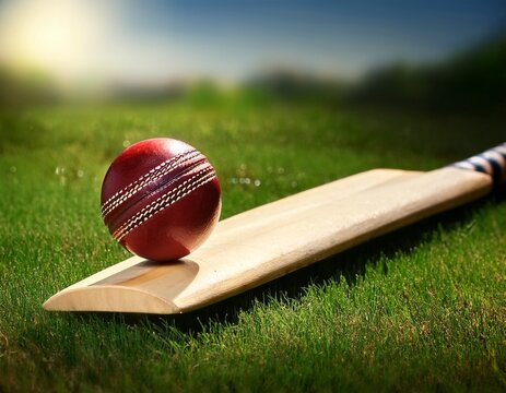 close-up of a cricket ball placing on a cricket bat on a green field 2