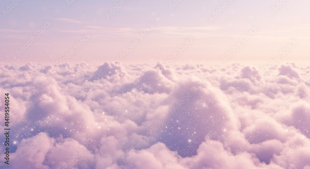 Poster aerial view of fluffy pink and white clouds with a soft glow and scattered sparkles in the atmospher