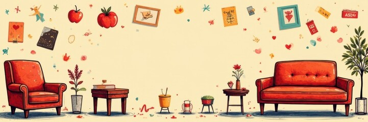 Whimsical furniture doodles with red lettering and playful patterns on a warm, earthy-toned background, hand-drawn graphics, doodled decor, bohemian decor