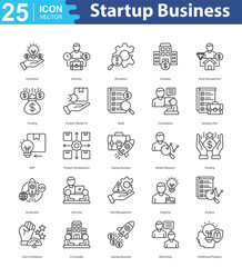 Startup Business icon sheet vector innovation, business, disruption, company, asset management, funding, product market fit, audit, consultation, business plan, mvp, product development, startup