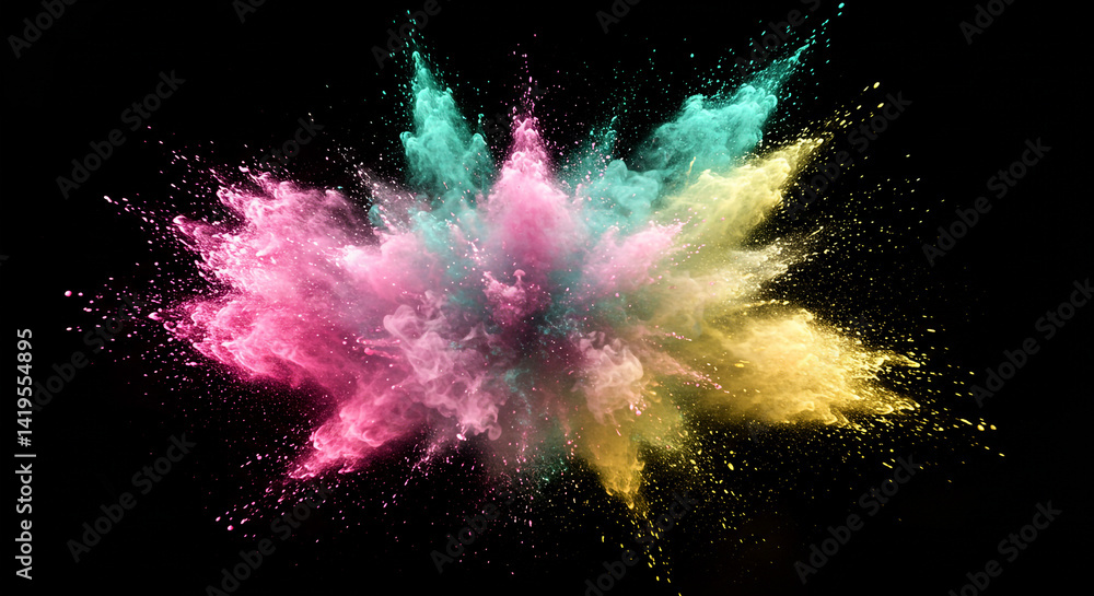 Aufkleber a vibrant explosion of colorful powder against a stark black backdrop creating a dynamic effect
