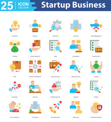 Startup Business icon sheet vector innovation, business, disruption, company, asset management, funding, product market fit, audit, consultation, business plan, mvp, product development, startup