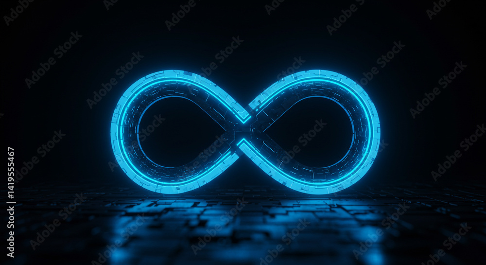 Poster a glowing blue infinity symbol on a dark surface with a futuristic texture in a high tech setting