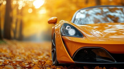 Orange sports car in autumn leaves (1)