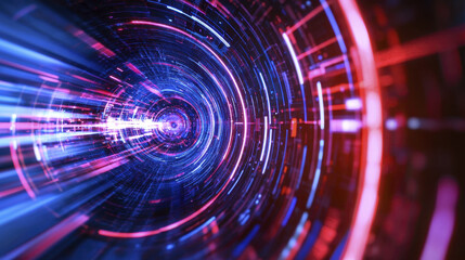 Obraz premium Futuristic digital tunnel with vibrant blue and red light streaks creating sense of motion and depth