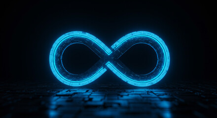 A glowing blue infinity symbol on a dark surface with a futuristic texture in a high tech setting