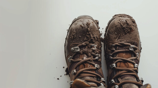 Top-down view of muddy hiking boots after an outdoor adventure, isolated on a plain white background with copy space.