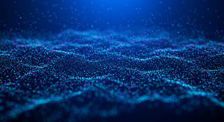 Abstract blue digital landscape with glowing particles forming waves in a dark blue environment