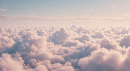 Aerial view of fluffy clouds with a pink hue under a soft blue sky dotted with sparkling glitters effect