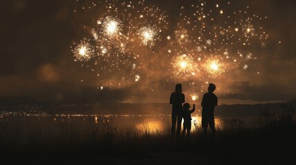 Fototapeta premium Family watching fireworks over a serene lake at night