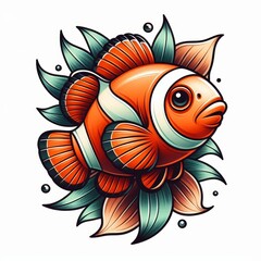 Obraz premium Whimsical clownfish artwork with floral elements in a cartoon tattoo style