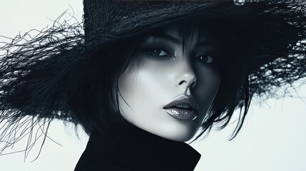 Artistic editorial shot of a model in avant-garde hat, dramatic rim light emphasizing the shape