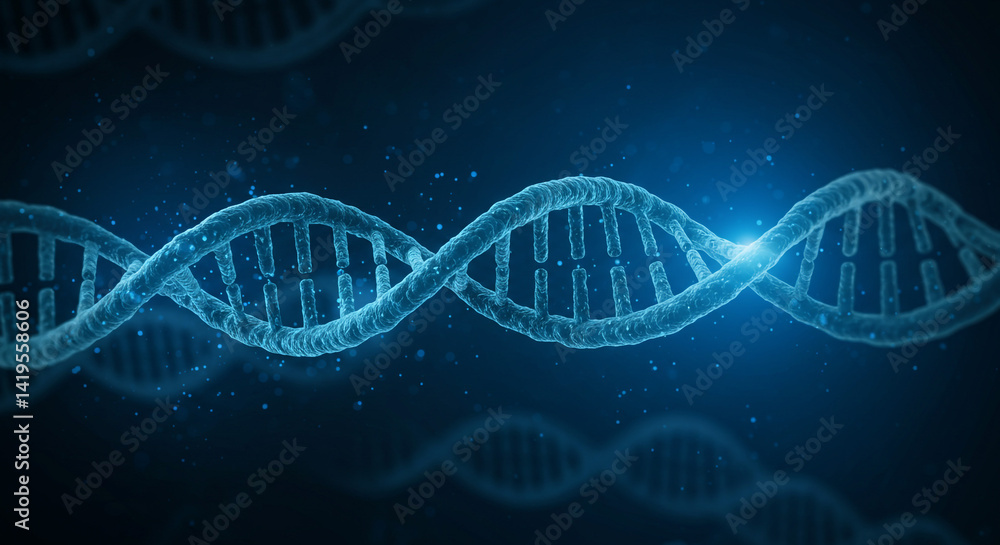 Poster a close up of a blue dna strand with a dark blue background and small particles floating around it