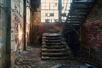 Dilapidated Interior Of An Old Brick Building With Staircase And Window