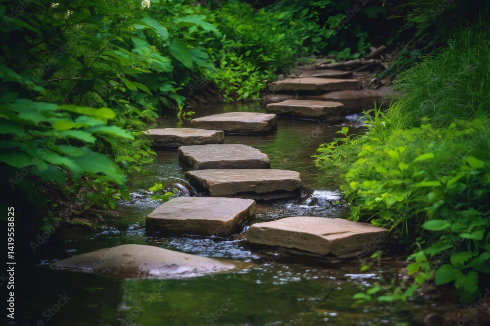 Poster flat rocks forming a path across a stream flowing through lush greenery, creating a tranquil natural