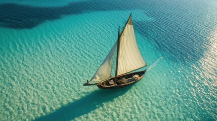 Fototapeta premium Tranquil sailboat floats on a crystal-clear turquoise sea.