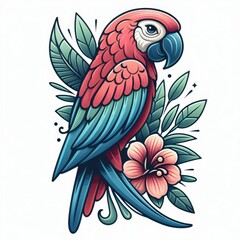 Obraz premium Vibrant parrot with flower design, tropical bird illustration artwork