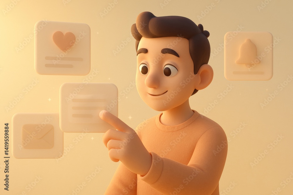 Poster digital interaction: a cartoon-like character points towards interface elements, indicating a concep
