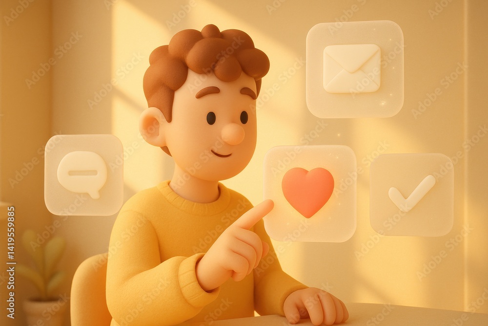 Poster digital interface delight: a friendly character interacts with user interface elements, surrounded b