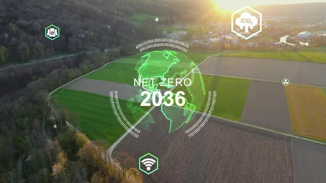 Save the planet earth day low CO2 emission. Aerial forest tree nature view with big data global care go green growth hope future. Net zero waste in ESG ethical business reduce pollution greenhouse gas