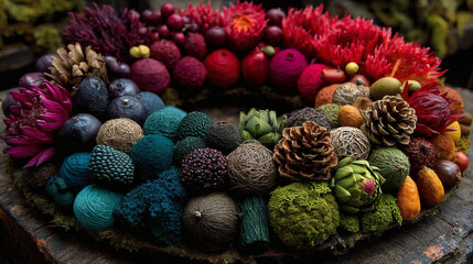 Fototapeta premium Colorful Wreath of Natural Elements and Textures in Vibrant Display