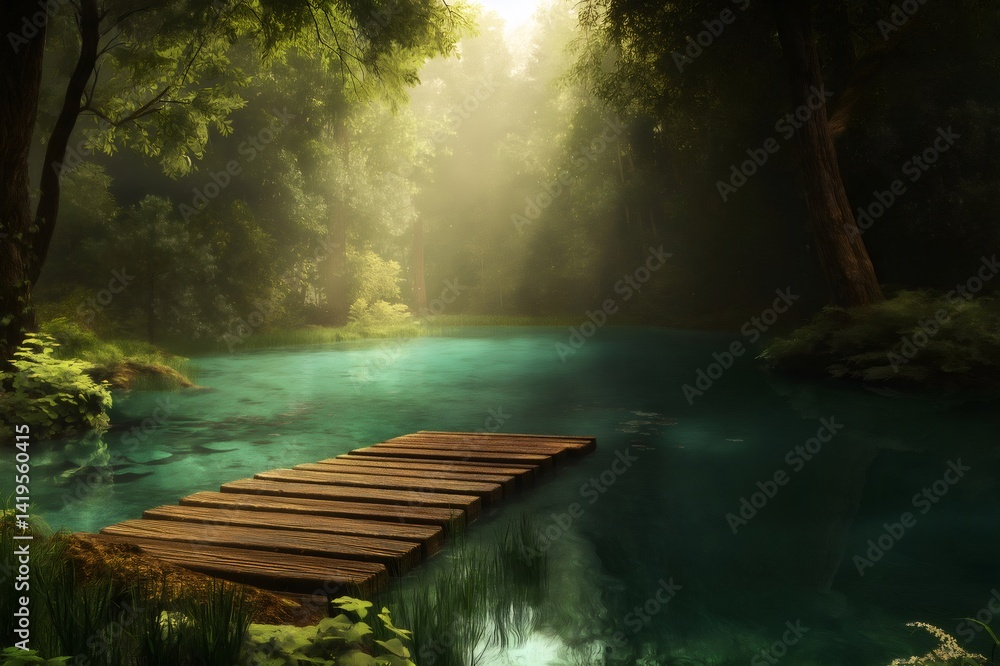 Aufkleber sunbeams filtering through the misty forest canopy illuminate a serene lake with a wooden pier, crea