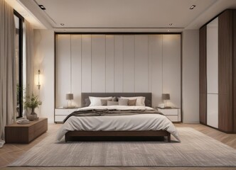 Spacious contemporary bedroom with built-in wardrobe; elegant lighting ,  modern interior,  decor