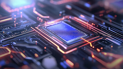 Obraz premium Futuristic digital circuit board design featuring central processing unit with glowing lines and intricate patterns