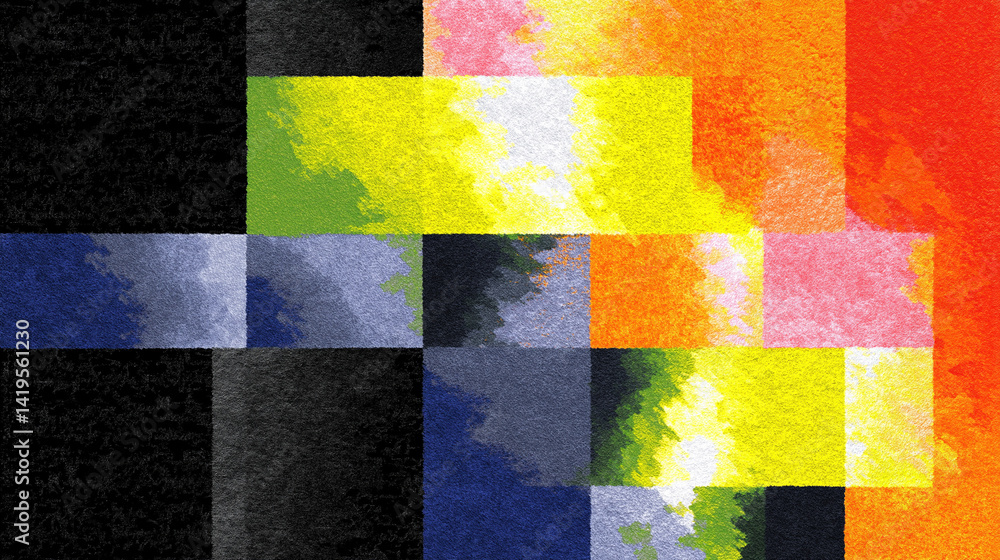 Poster abstract design featuring a grid of colorful squares with textured brushstroke appearance style