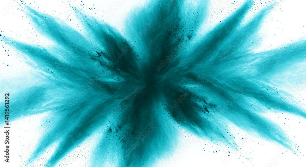 Poster a burst of turquoise powder exploding outwards against a bright white background in a symmetrical pa