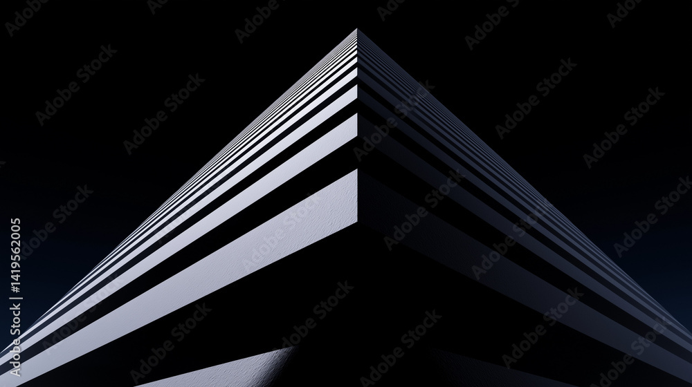 Poster a geometric structure with alternating black and white stripes against a dark background view from b